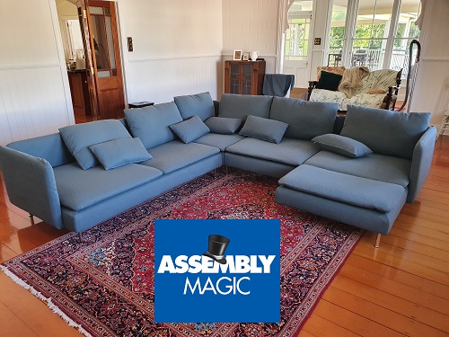A modular lounge suite with Assembly Magic logo