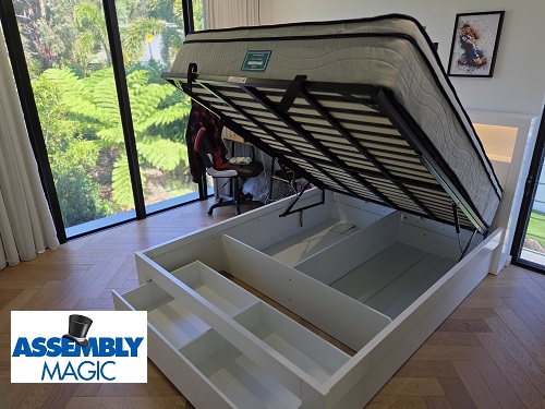 Lift bed assembled by Assembly Magic. Assembly Magic logo in bottom left corner