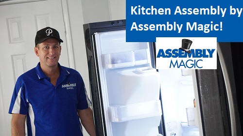 Technician - Ben next to a refrigerator. Caption " Kitchen Assembly by Assembly magic" in top right corner.