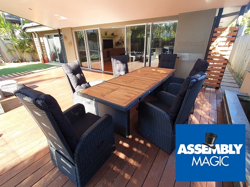 An outdoor furniture suite with Assembly Magic logo in bottom right corner