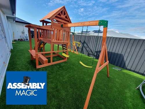 A large playground newly assembled. Assembly Magic logo in bottom left corner