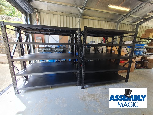 Large shelving unit assembled by Assembly Magic. Assembly Magic logo in bottom right corner