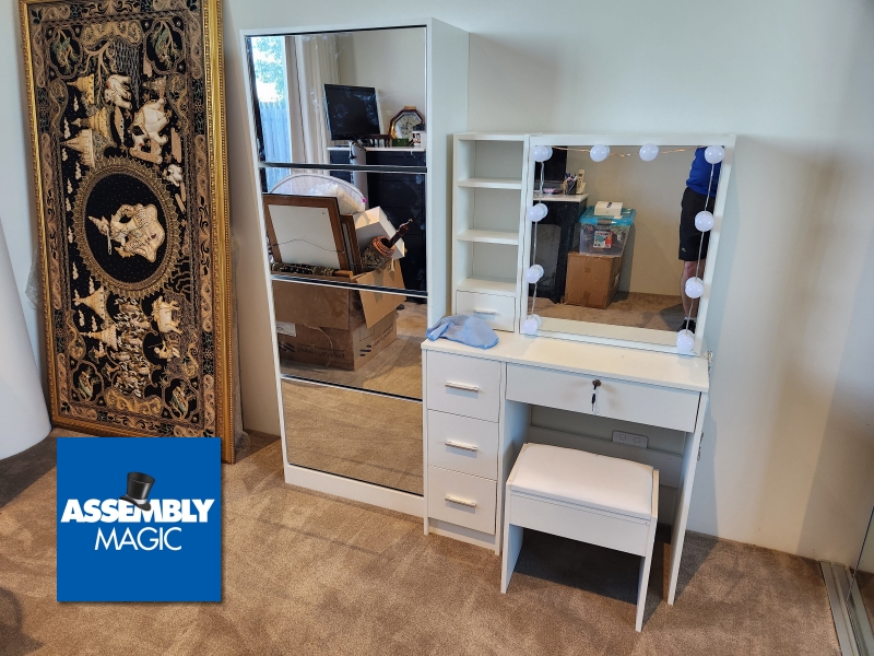 Dressing Table with stool and shoe cabinet with mirror doors with Assembly Magic Logo