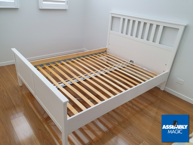 White Slat Bed with Assembly Magic Logo in bottom right hand corner